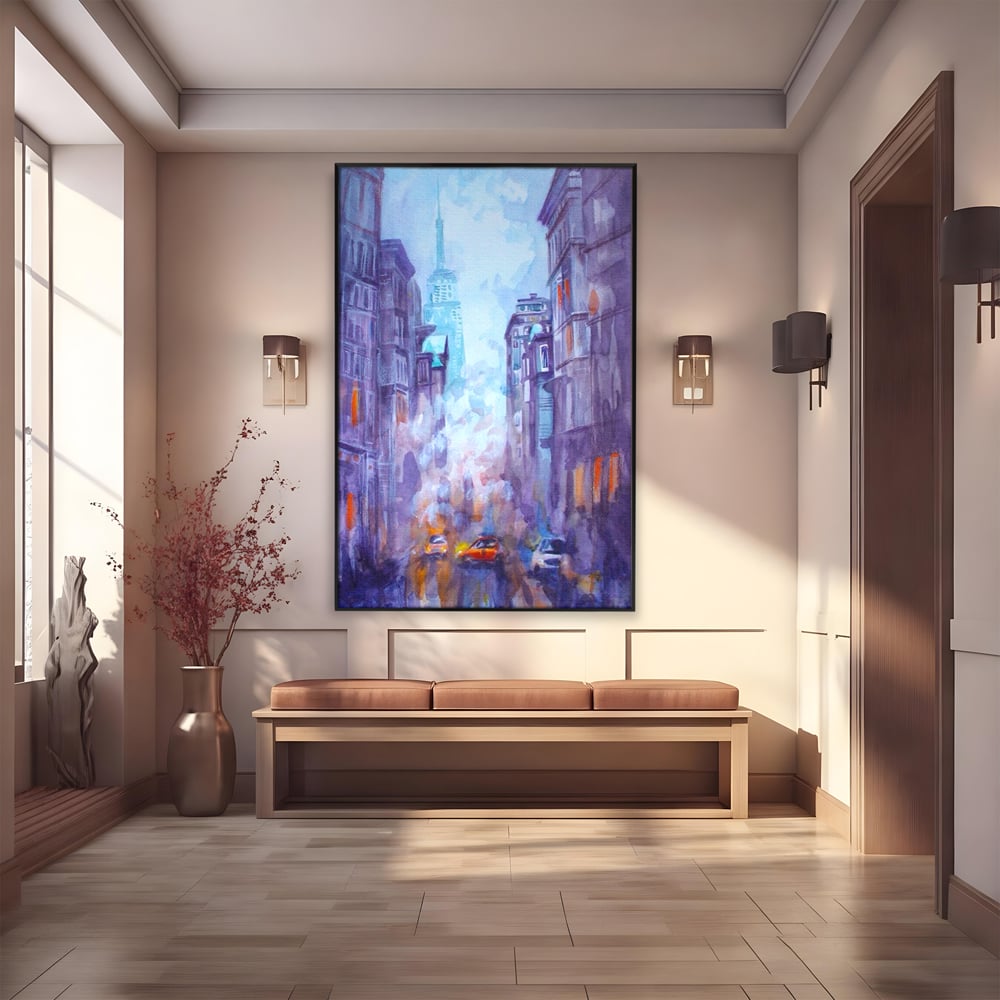 Tablou canvas cu tablou canvas pictura urbana cu masina portocaliu, in rama de aluminiu negru